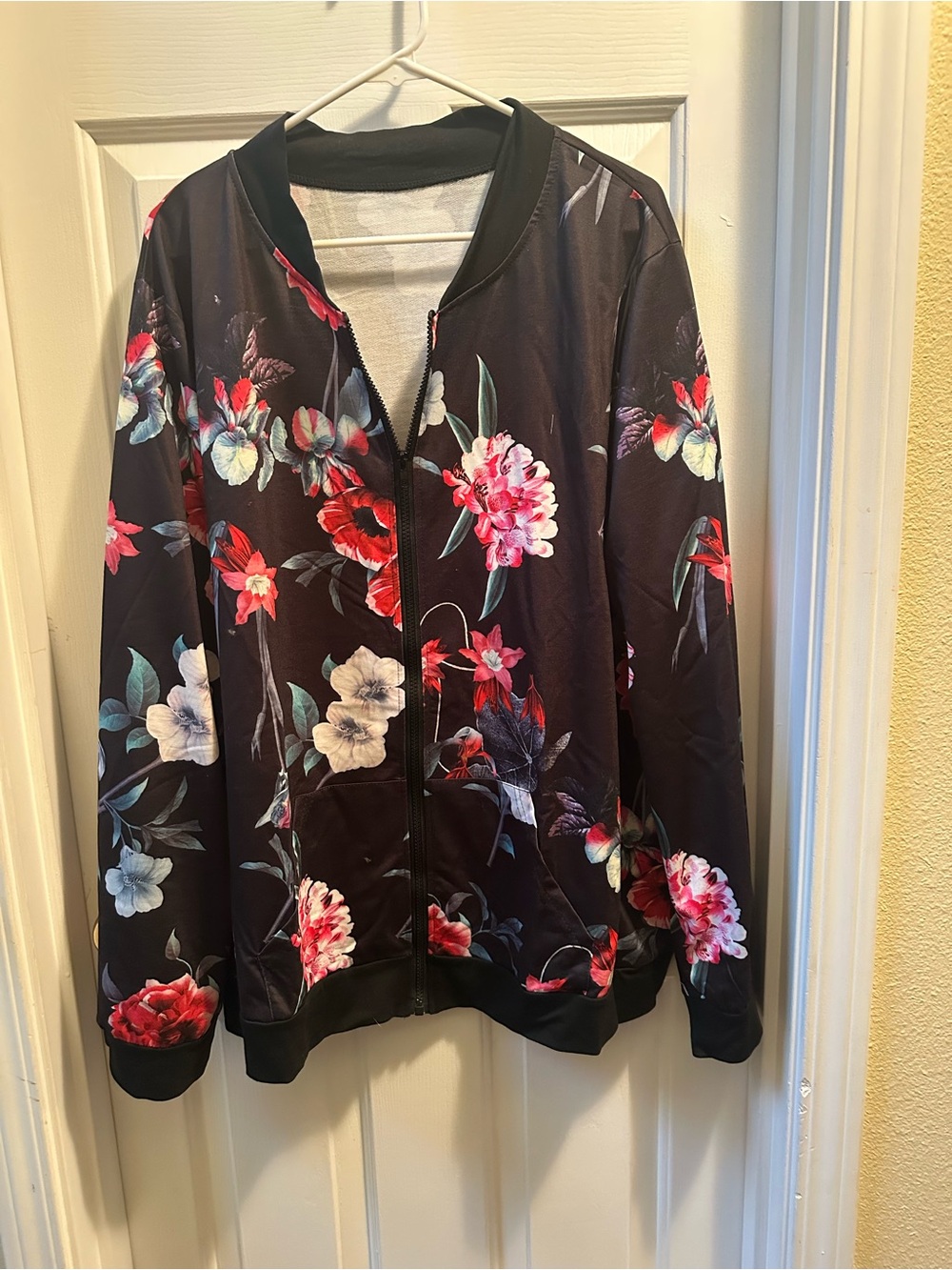 Floral Bomber Jacket - Dark Base with Red & Pink Flowers